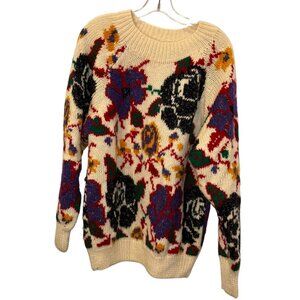 crescendo vintage intarsia knit cabbage rose crew neck sweater L